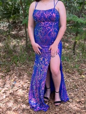 Elegant Blue-Purple Beaded Evening Dress with Thigh Slit